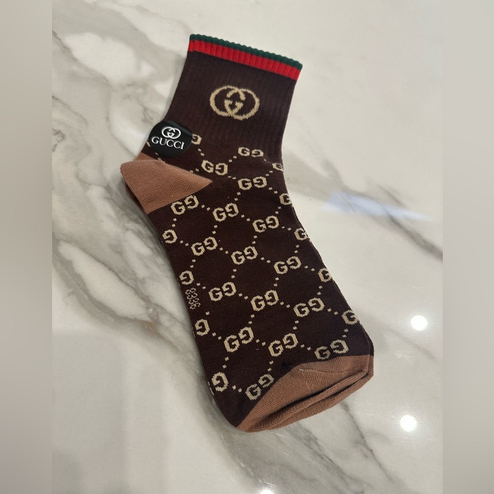Gucci Brown & Beige GG Logo Crew Socks with Red-Green Cuff